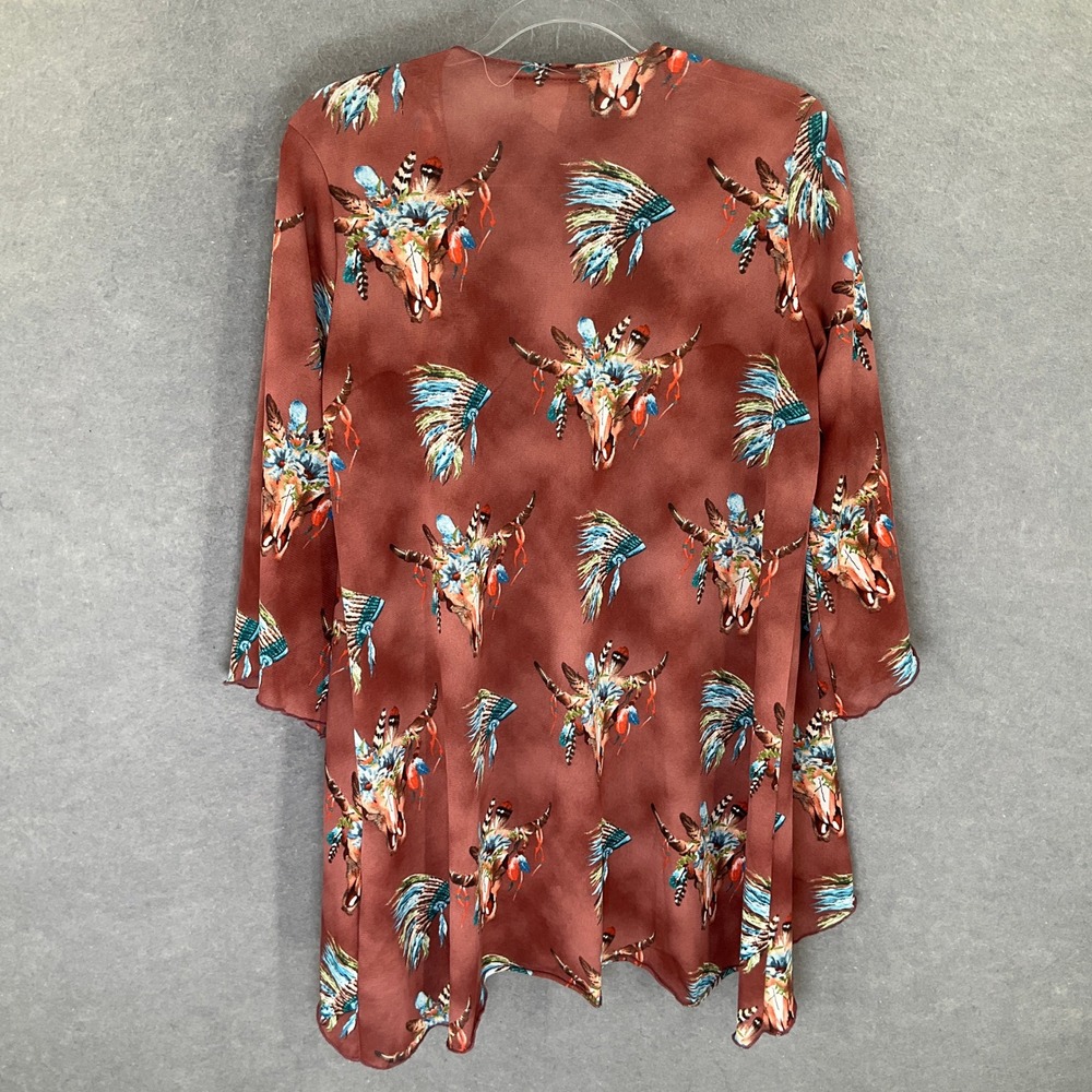 L&B Lucky &‎ Blessed Kimono Duster Sz S Brown Bull Skull Headdress Boho Festival - Picture 3 of 12